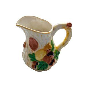 Vintage Hand-Painted Ceramic Harvest-Themed Pitcher W/ Mushrooms, Nuts, Leaves